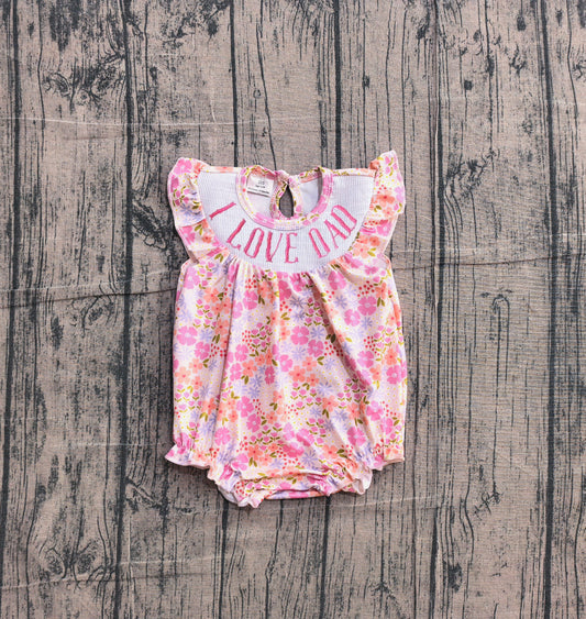 Preorder Baby Girls Infant Short Sleeves Embroidery I Love Dad Flower Pink Bows Smocked Romper