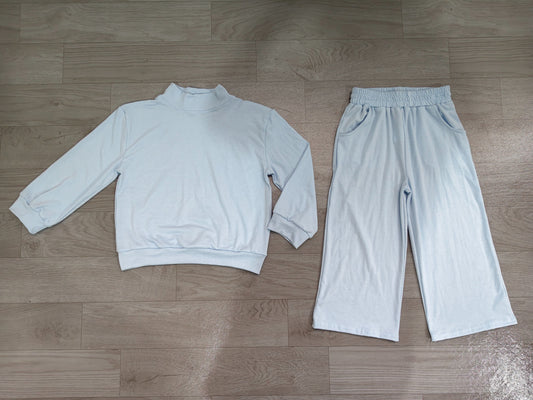 No moq Preorder Baby Girl Kids Long Sleeves Blue Shirt Pockets Pants Set Pajamas Clothes