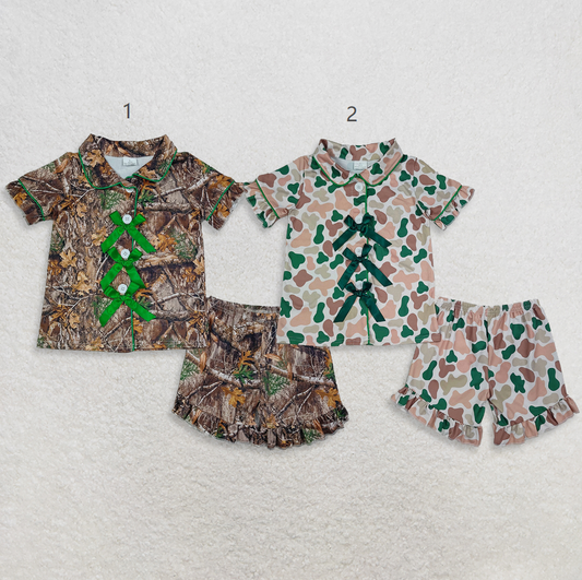 Sibling Baby Girls Kids Bows Buttons Shirts Camo Ruffle Shorts Hunting Pajamas Sets