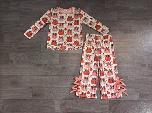 No moq Preorder Baby Girls Kids Pumpkins Bows Scallop Shirt Pants Set Fall Clothes