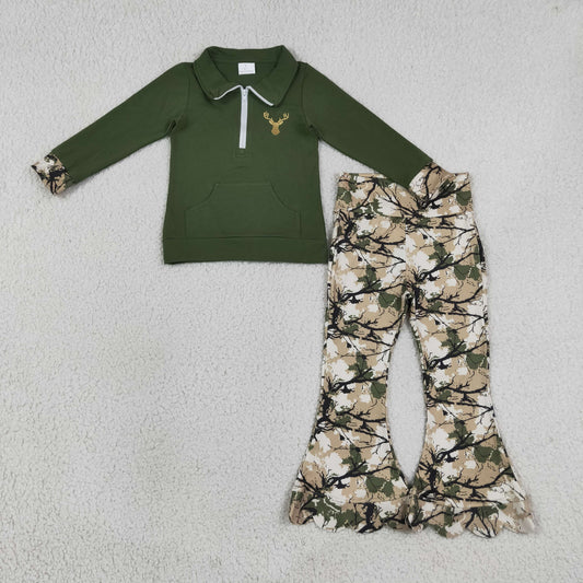 Baby Girls Kids Embroidery Deer Pocket Zipper Shirt Scallop Leaves Pants Green Set Clothes