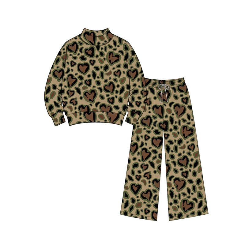 Moq 5 Preorder Baby Girls Kids Long Sleeves Hearts Leopard Shirt Pants Green Set Valentine Clothes