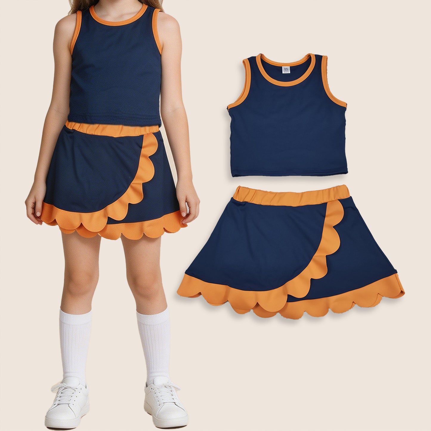 GSD4017 Baby Girls Kids Navy Tops Scallop Skirt Shorts Yoga Active Set Summer Clothes