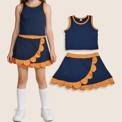 GSD4017 Baby Girls Kids Navy Tops Scallop Skirt Shorts Yoga Active Set Summer Clothes
