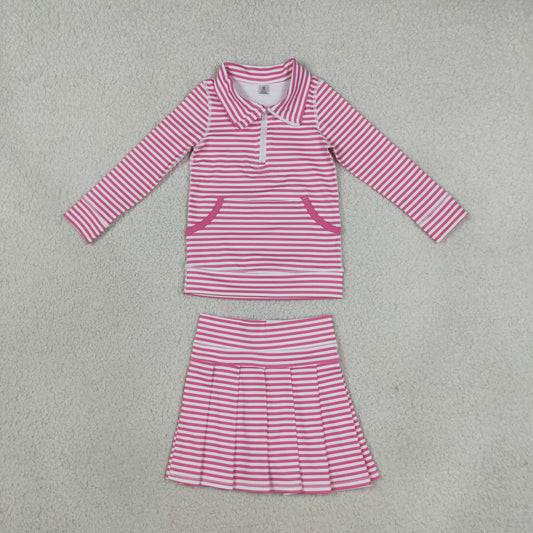 Baby Girls Kids Long Sleeves Pink Stripes Zipper Shirt Skirt Shorts Set Yoga Active Clothes