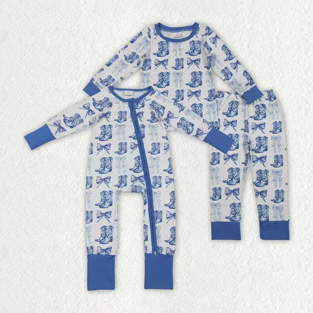 Sibling Baby Girl Long Sleeves Blue Bows Boots Western Zipper Romper Pajamas Clothes Set