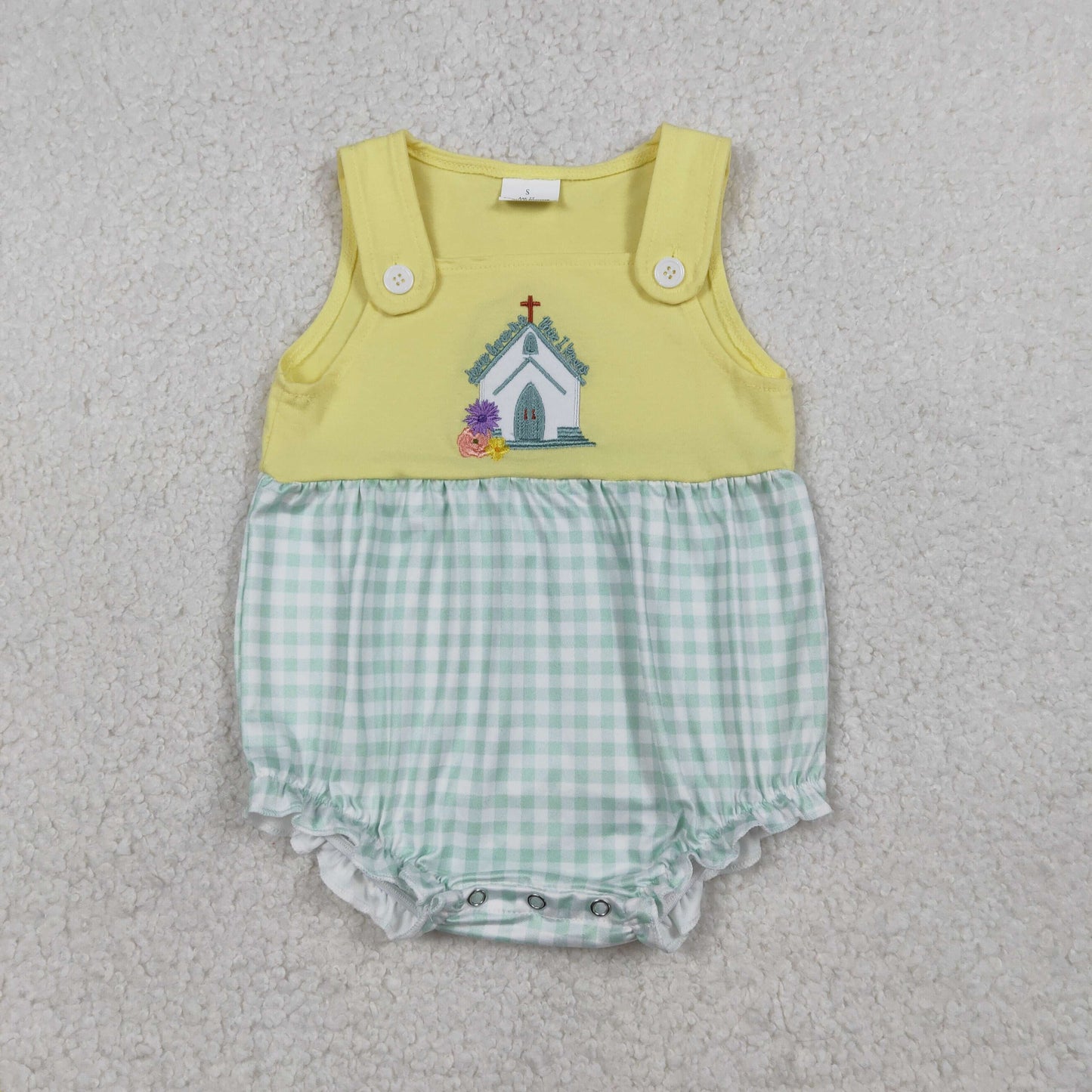 RTS Baby Girls Infant Sleeveless Embroidery Cross Jesus Plaid Easter Plaid Bubble Romper