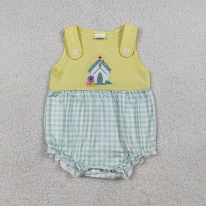 RTS Baby Girls Infant Sleeveless Embroidery Cross Jesus Plaid Easter Plaid Bubble Romper