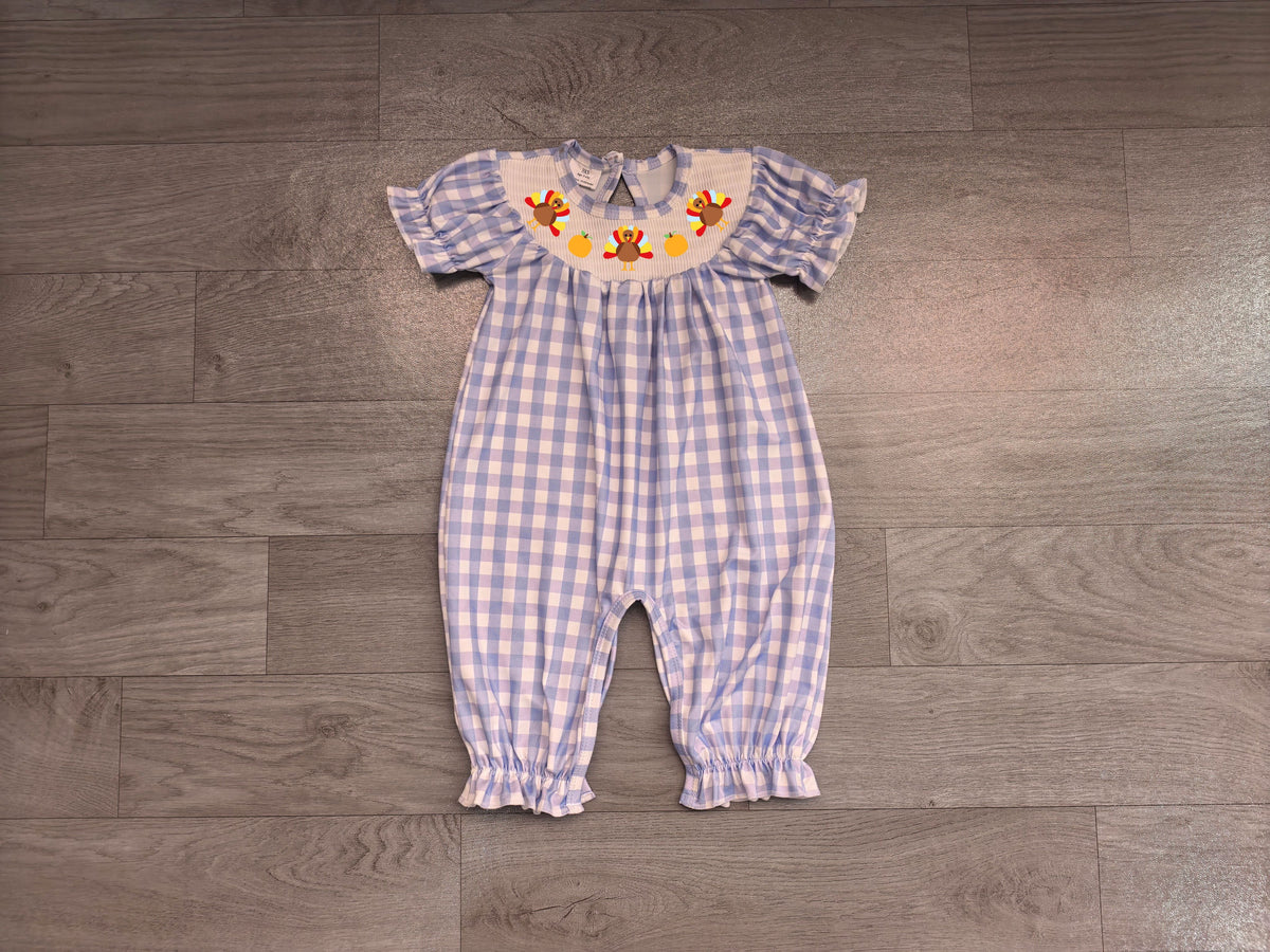 No moq Preorder Baby Girls Infant Embroidery turkey Pumpkins Blue Plaid Fall Romper