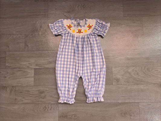 No moq Preorder Baby Girls Infant Embroidery turkey Pumpkins Blue Plaid Fall Romper