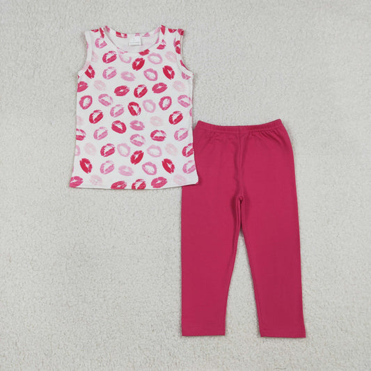 Baby Girls Sleeveless Mouths Tops Pink Leggings Pants Valentine Clothes Set