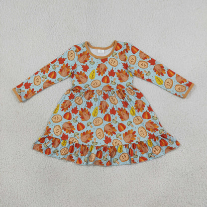 Baby Girls Kids Long Sleeves Pumpkins turkey Thanksgiving Knee Length  Dress
