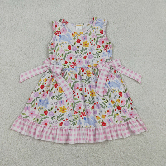 Baby Girls Rabbits Flower Bows Easter Plaid Ruffle Knee Length Dress