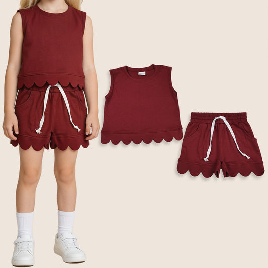 Baby Girls Kids Sleeveless Dark Red Shirt Scallop Shorts Set Cotton Clothes