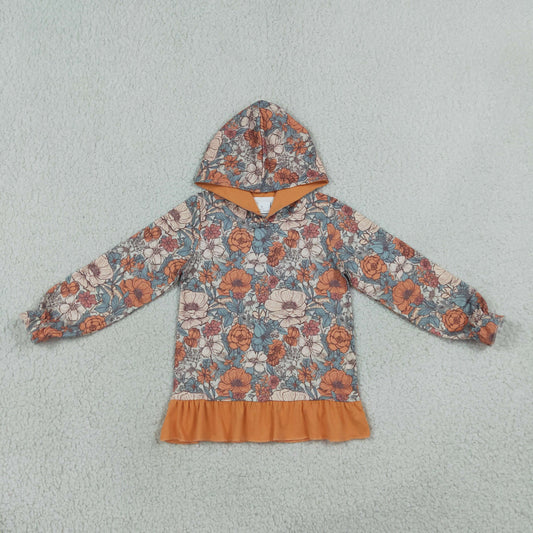 Baby Girls Kids Long Sleeves Flower Orange Ruffle Hoodie Shirt Fall Clothes
