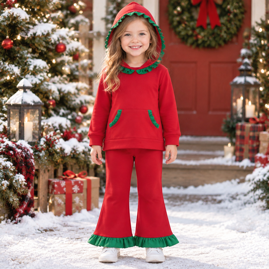 Baby Girls Kids Green Ruffle Hoodie Pocket Pullover Cotton Pants Red Set Christmas Clothes