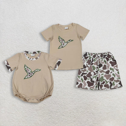 Sibling Baby Boys Short Sleeves Embroidery Ducks Camo Print Dogs Hunting Romper Se