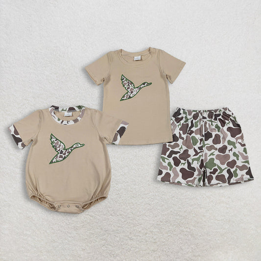 Sibling Baby Boys Short Sleeves Embroidery Ducks Camo Print Dogs Hunting Romper Se
