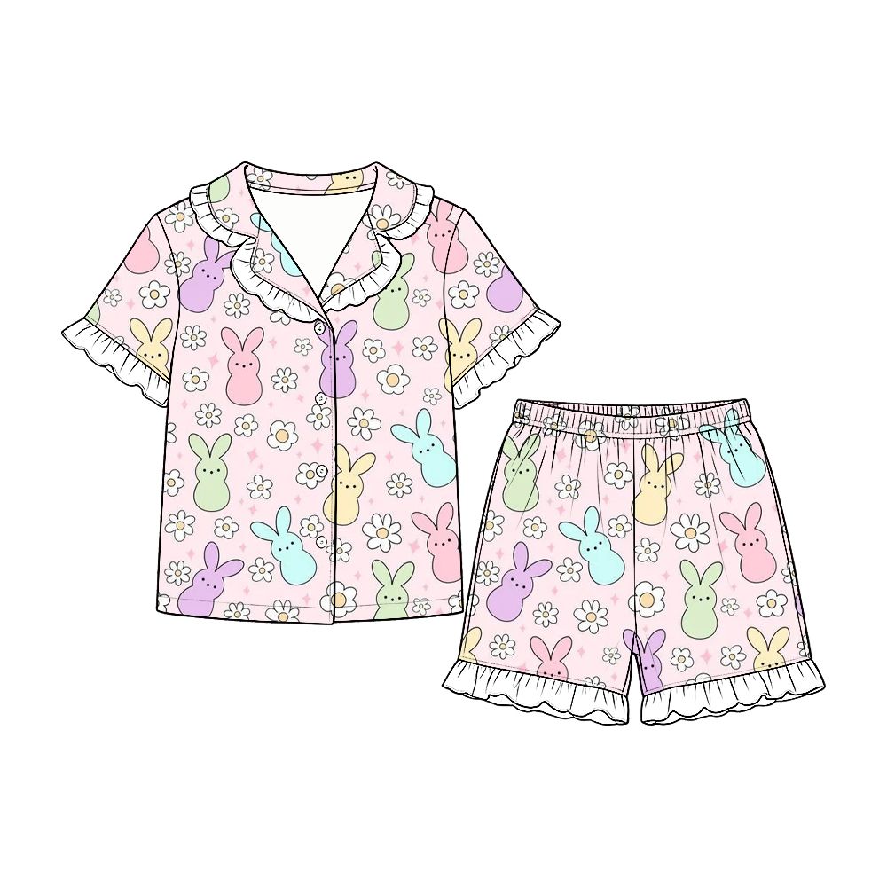 Moq 5 Preorder Baby Girls Kids Short Sleeves Rabbits Flower Buttons Shirt Shorts Set Pajamas Clothes