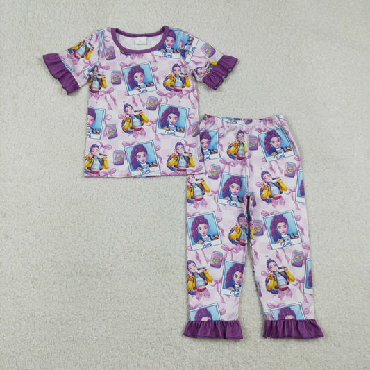 Baby Girls Short Sleeves Singer Characters Purple Bows Shirt Pants Pajamas Set