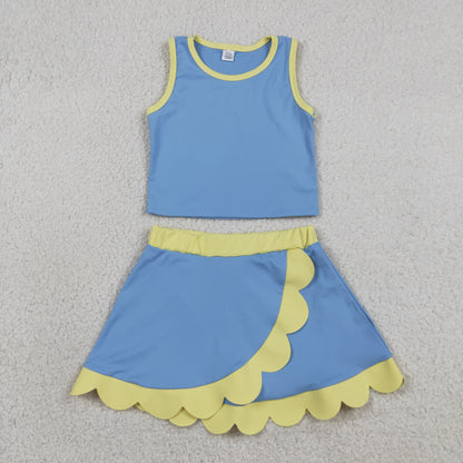 Baby Girls Kids Shirt Scallop Skirt Shorts Yoga Active Blue Yellow Set Clothes