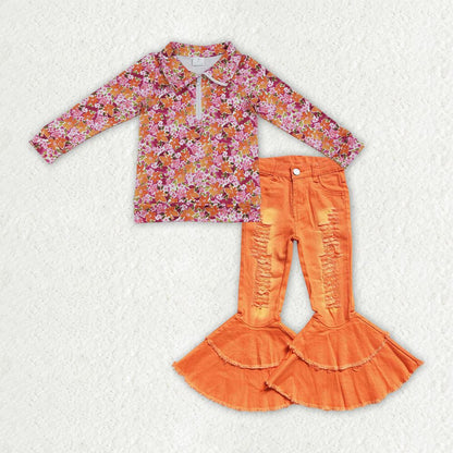 Baby Girls Long Sleeves Flower Zipper Shirt Jeans Denim Pants Set Clothes