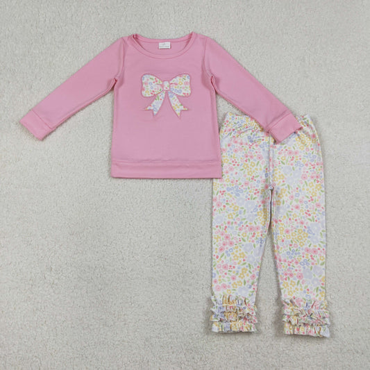 RTS Sibling Baby Girls Kids Long Sleeves Embroidery Bow Shirts Floral Ruffle Pants Sets