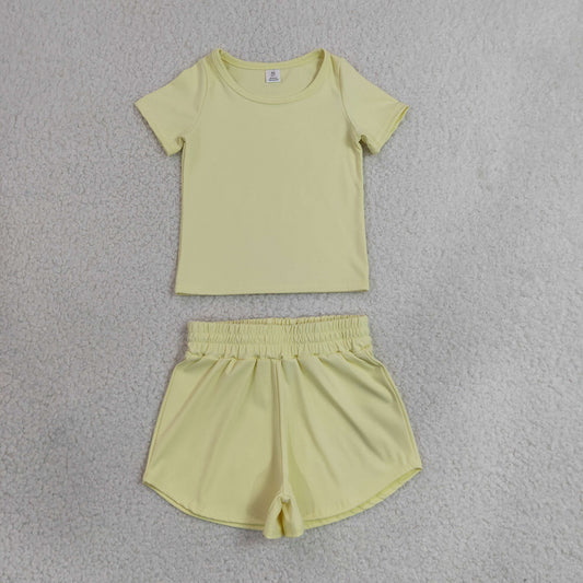 Baby Girls Kids Short Sleeves Yellow Shirt Skirt Shorts Yoga Active Set Clothes