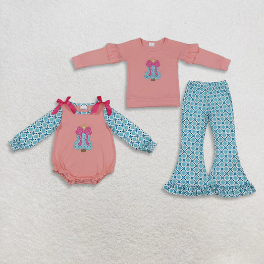 Sibling Baby Girls Kids Long Sleeves Embroidery Bows Tree Romper Set Christmas Clothes