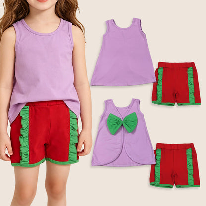 Baby Girls Purple Sleeveless Green Bows Tops Ruffle Shorts Set Clothes