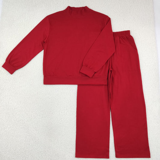Adult Women Long Sleeves Dark Red Shirt Pockets Pants Cotton Set Mock Neck Clothes RTS