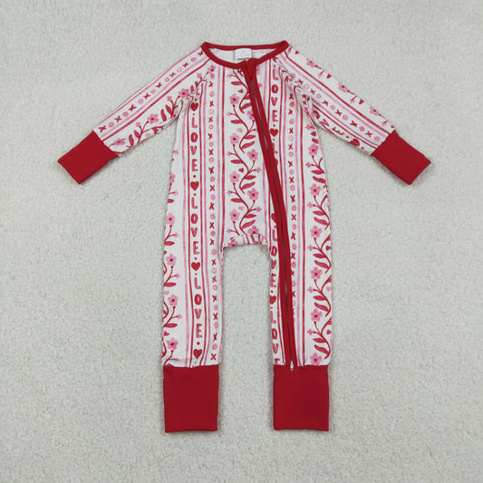 Baby Girls Long Sleeves Flower Hearts Valentine Red Zipper Sleeper Romper