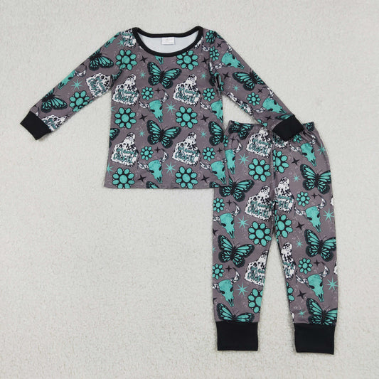 Baby Girls Kids Long Sleeves Western Cow Print Turquoises Shirt Pants Pajamas Set
