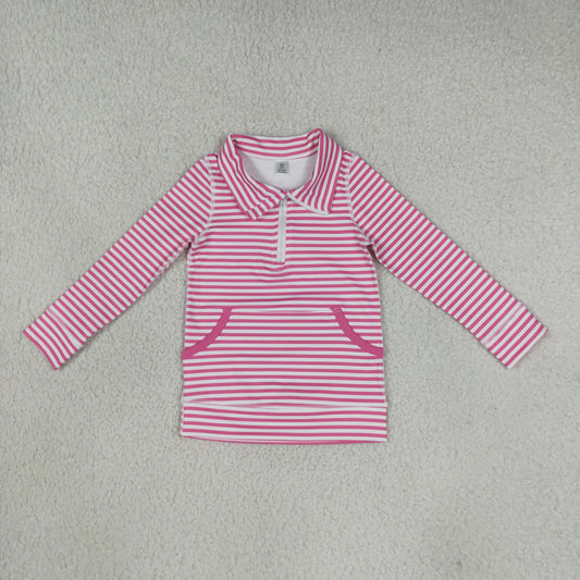 Baby Girls Kids Long Sleeves Pink Stripes Pocket Yoga Active Shirt Tops