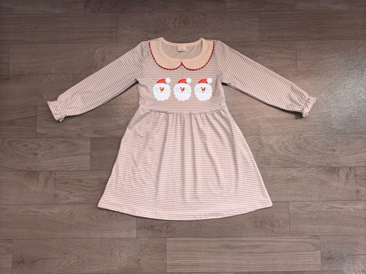 No moq Preorder Baby Girls Kids Embroidery Santa Christmas Blue Stripes Dress Clothes