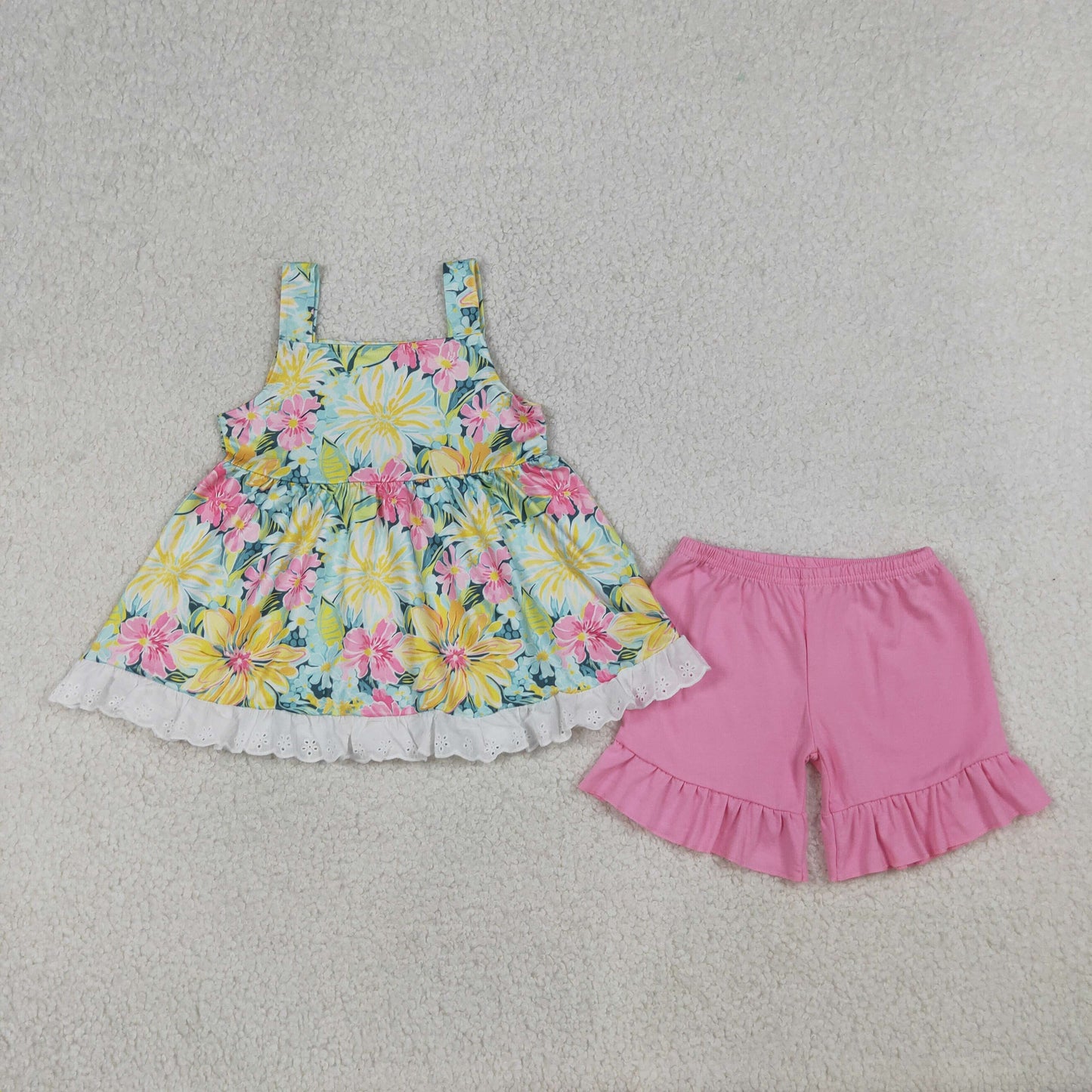 RTS Baby Girls Kids Strap Colorful Flowers Ruffle Tunic Shorts Clothes Set