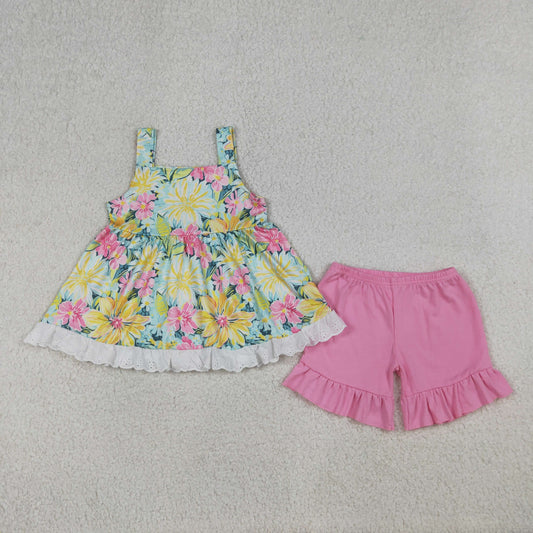 RTS Baby Girls Kids Strap Colorful Flowers Ruffle Tunic Shorts Clothes Set