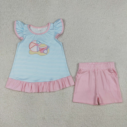 RTS Sibling Baby Boys Girls Short Sleeves Embroidery Ball Beach Stripes Tops Shorts Clothes Sets