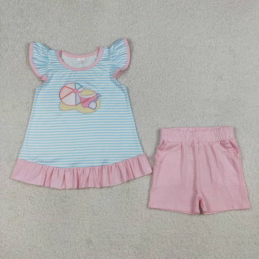 RTS Baby Girls Short Sleeves Embroidery Ball Beach Stripes Tops Pink Shorts Clothes Set