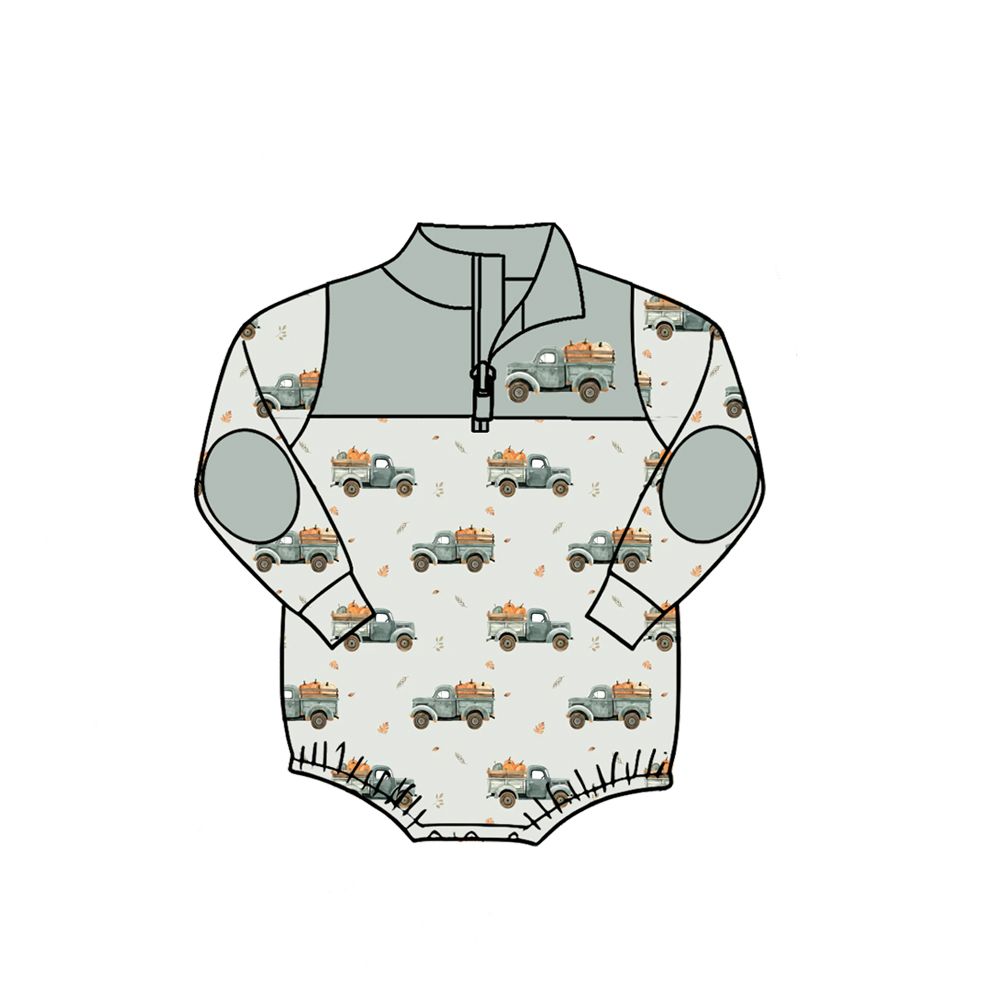 Moq 5 Preorder Baby Boys Kids Pumpkins Trucks Zipper Bubble Romper Fall Clothes