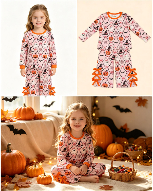 Baby Girls Kids Halloween Ghosts Pumpkins Bows Scallop Shirt Pants Set Clothes