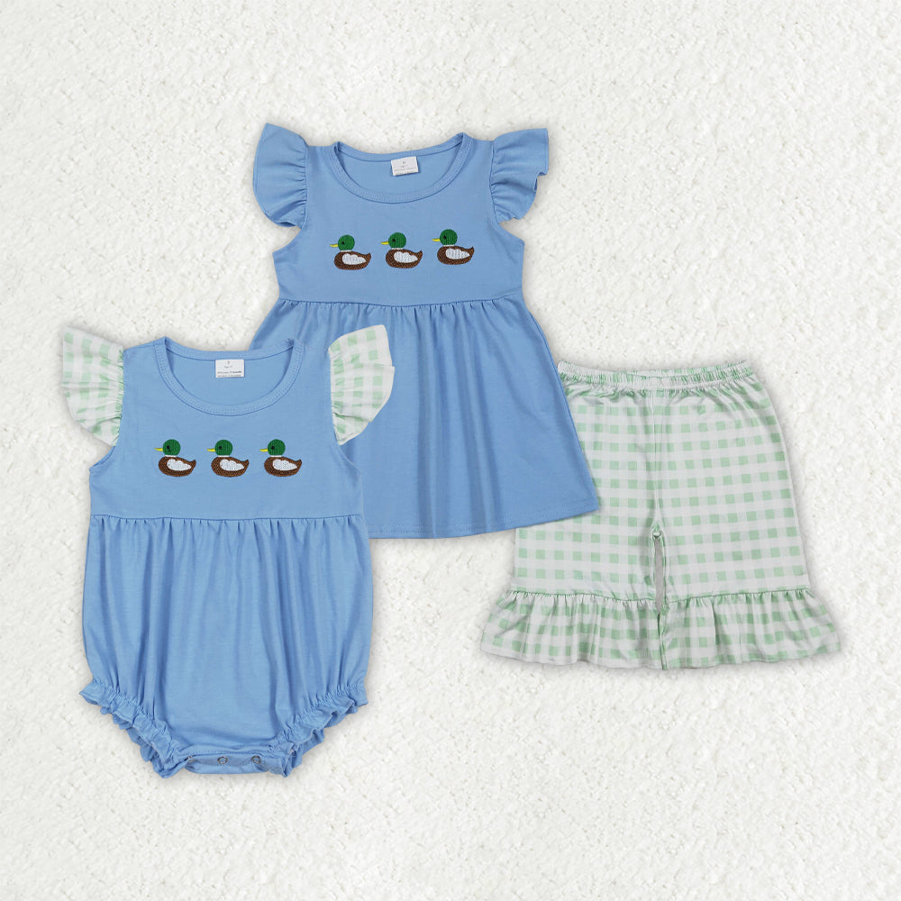 RTS Sibling Baby Girls Kids Short Sleeves Embroidery Ducks Bubble Romper Set