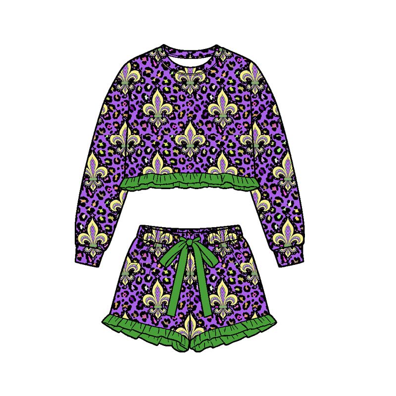 Moq 5 Preorder Baby Girls Kids Tractors Leopard Shirt Shorts Set Mardi Gras Clothes