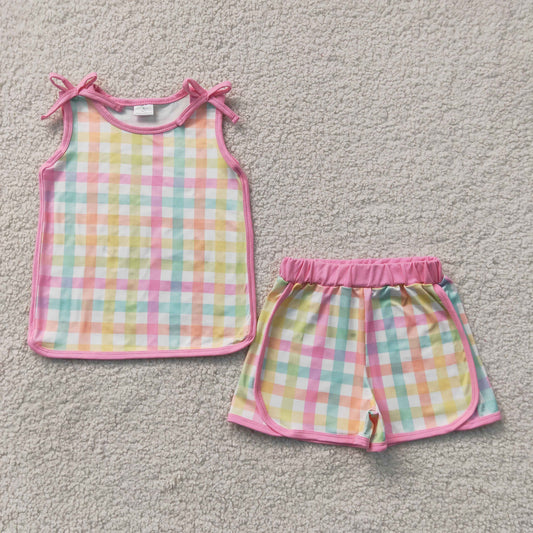 Baby Girl Kids Pink Bows Sleeveless Plaid Tops Shorts Set Summer Clothes