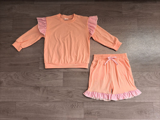 No moq Preorder Baby Girls Kids Pink Long Sleeves Tops Pockets Shorts Cotton Set Clothes