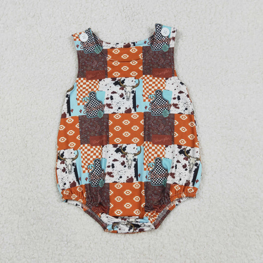 RTS Baby Boys Infant Sleeveless Western Cow Print Aztec Plaid Romper
