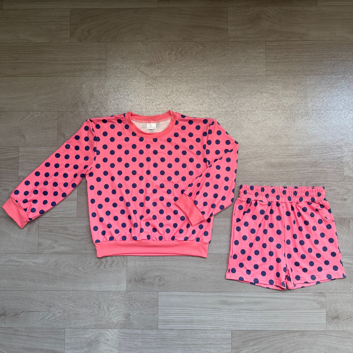 No moq Preorder Baby Girls Kids Pink Long Sleeves Navy Dots Shirt Pockets Shorts Set Clothes