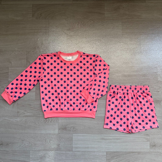 No moq Preorder Baby Girls Kids Pink Long Sleeves Navy Dots Shirt Pockets Shorts Set Clothes