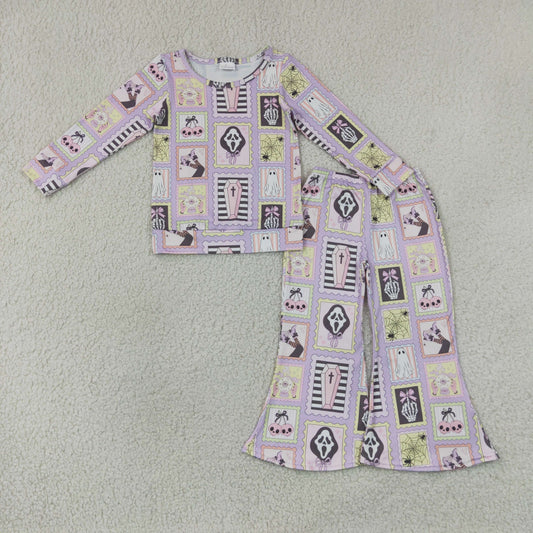 Baby Girls Kids Long Sleeves Ghosts Bows Shirt Bell Pants Halloween Set Clothes