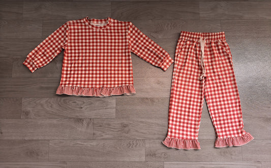 No moq Preorder Baby Girls Kids Long Sleeves Red Plaid Shirt Ruffle Pants Set Clothes